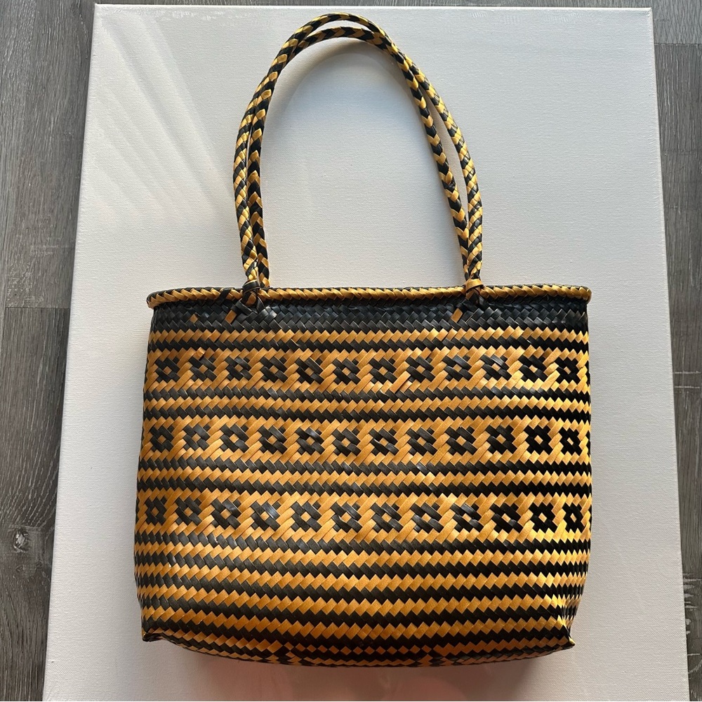 Vintage Handwoven Mexican Upcycled Medium Shoulder Tote Bag in Tan & Black